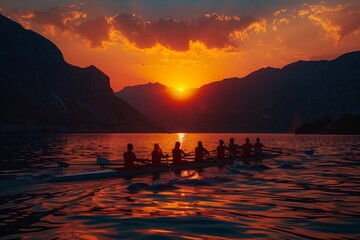 A group of people are rowing a boat on a lake at dusk, surrounded by the natural landscape of mountains and a colorful sunset in the highland ecoregion - obrazy, fototapety, plakaty