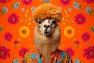 Fototapeta premium a lama in an orange shirt as a hippie, in the style of bold fashion photography