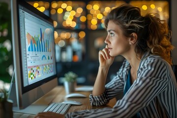 A worried woman looks at financial statements on a computer concerned about market growth for business investment. Concept Business Investment, Financial Statements, Market Growth, Concerned Woman - obrazy, fototapety, plakaty