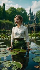 Serene Reflections: Woman by the Waterlily Pond