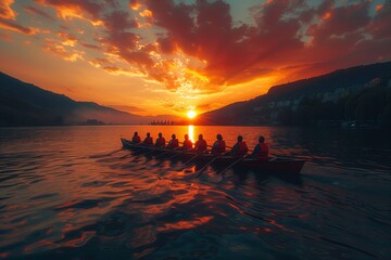 A group of individuals are paddling a boat on the tranquil lake at dusk, surrounded by colorful...