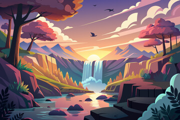 Sunset illuminating a cascade, clouds painted in pastel hues above an idyllic village, a gentle stream meandering into a serene pond, flock of birds in flight silhouetted against the sky, vibrant foli