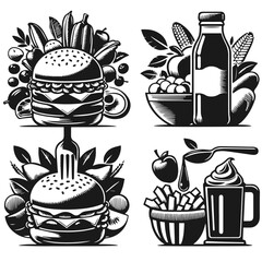 Retro Food Silhouette, Vintage Styled Food Vector Art, Food Silhouette Designs, Food Silhouette Collection