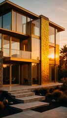 Sunset Silhouette: Modern Glass House Amidst Nature