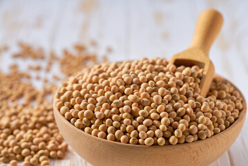 Raw soybeans are scattered in a wooden bowl close up.