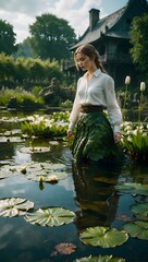Serene Reflections: Woman by the Waterlily Pond