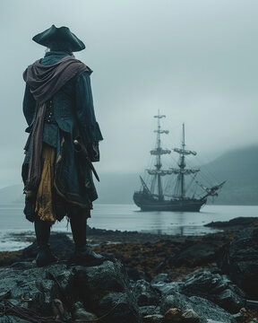 Sailor, in Spanish conquistador attire, stands on a rocky coast The ship in the background is anchored, waiting Overcast sky sets the moody tone Realistic, Backlights, Depth of Field