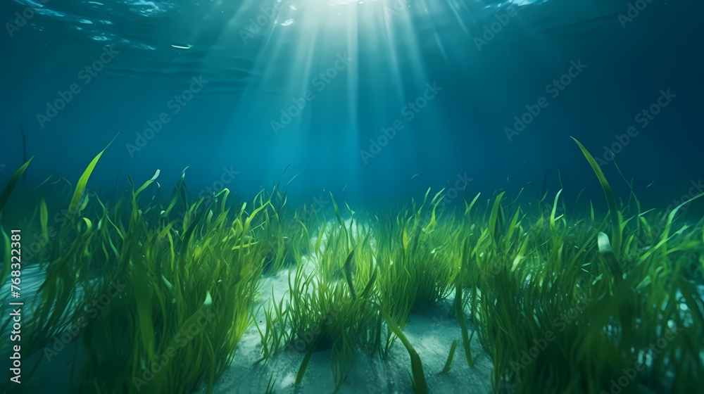 Wall mural Underwater landscape with green seagrass at the bottom of the sea