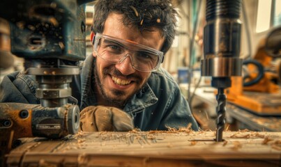 A smiling male trainee wearing safety glasses is drilling into wood
