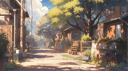 Anime Suburban Street in Autumn Light with Lush Foliage vector - obrazy, fototapety, plakaty