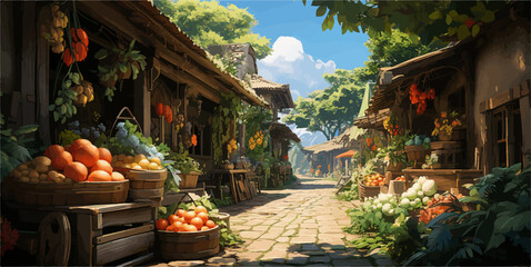 Idyllic Village Market Scene with Fresh Produce illustration vector - obrazy, fototapety, plakaty