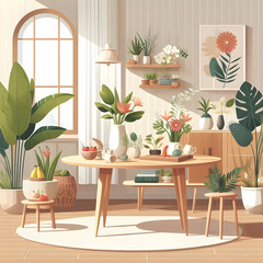interior of a room  home, interior, plant, room, table, flower, window, pot, house, chair, furniture, indoor, flowers, decoration, garden, tree, wall, plants, design, Ai generated 