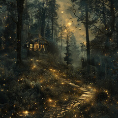 A winding path through a dark forest, illuminated by glowing fireflies, leading to a warm, welcoming cabin with light pouring out Photography, backlights, vignette - obrazy, fototapety, plakaty