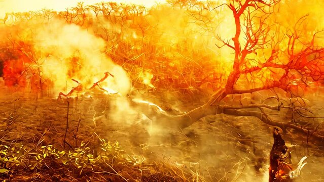 Intense flames engulfing a forest in a blazing wildfire at golden hour. Fiery wildfire ravaging forest at sunset