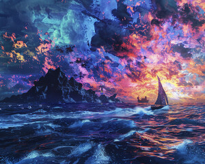 Mysterious Island, Tattered Journal, Courageous Sailor, Navigating tumultuous seas in pursuit of a lost civilization, Storm clouds loom ominously, Photography, Silhouette Lighting, Vignette