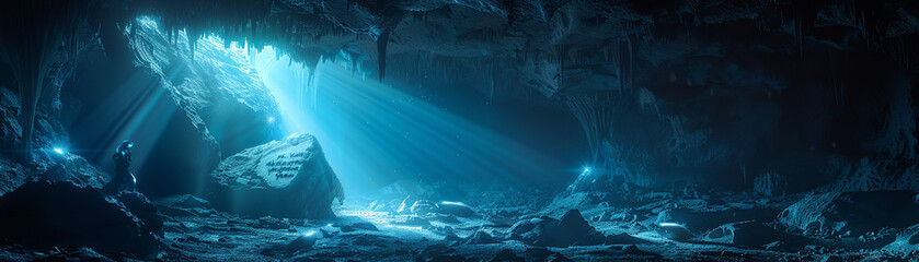 Mythical Creature, Ancient Scroll, Brave Adventurer, Exploring mystical caves in search of legendary artifacts, Mysterious glow illuminates the darkness, 3D Render, Backlights, Lens Flare - obrazy, fototapety, plakaty