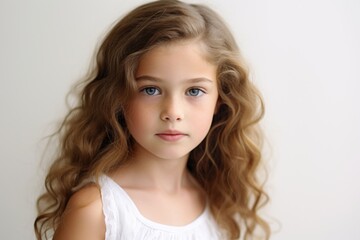 Portrait of a beautiful little girl with long curly hair on a white background.