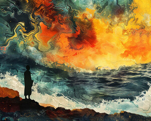 Mysterious Island, Tattered Journal, Courageous Sailor, Navigating tumultuous seas in pursuit of a lost civilization, Storm clouds loom ominously, Photography, Silhouette Lighting, Vignette