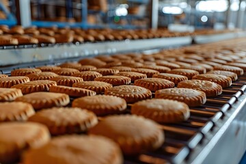 Streamlined cookie production process in a bustling confectionery factory. Concept Production Efficiency, Cookie Making, Factory Operations, Confectionery Industry, Process Optimization