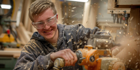 A smiling male trainee wearing safety glasses is drilling into wood - 768323168