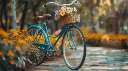 Fototapeten White lady's bicycle with a beautiful flower basket on front. © Nim