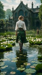 Serene Reflections: Woman by the Waterlily Pond

