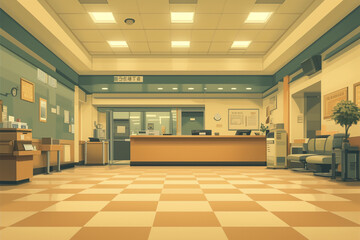 Serene and Spacious Bank Interior with Modern Facilities and Sunlit Ambiance