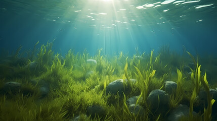 Fototapeta na wymiar Underwater landscape with green seagrass at the bottom of the sea