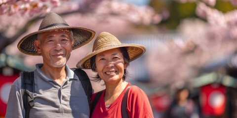 Happy senior asian couple walking a blossoming sakura park on spring evening. Retired husband and wife having fun outdoors. Retirement hobby and leisure activity for elderly people. - obrazy, fototapety, plakaty