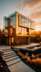 Sunset Silhouette: Modern Glass House Amidst Nature