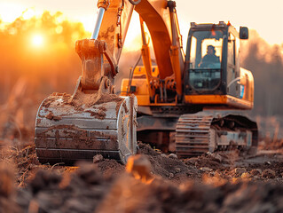 Excavator Arm, hydraulic cylinders, heavy construction equipment mechanism, digging foundation, sunny weather, photography, Golden Hour lighting, Depth of Field Bokeh effect - obrazy, fototapety, plakaty