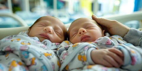 Two newborn twins being held by their mother in maternity ward after delivery. New mom welcoming her children into the world. Newborn babies after c-section surgery in delivery room.