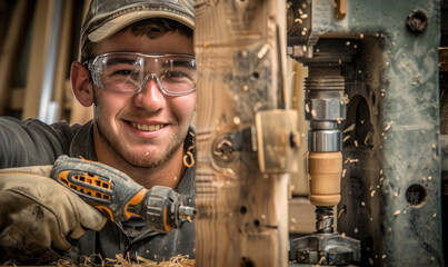 A smiling male trainee wearing safety glasses is drilling into wood - obrazy, fototapety, plakaty
