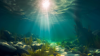 Obraz premium Underwater landscape with green seagrass at the bottom of the sea