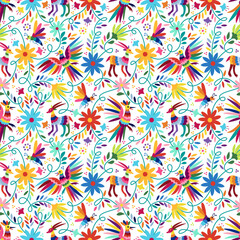 Ornate ethnic Mexican embroidery Otomi. Seamless Pattern with birds, animals and flowers on white background - 768324555