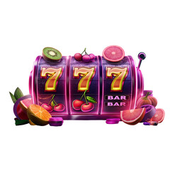 Casino neon Slot machine. Gold sevens. Jackpot. Lucky seven 777. Bright and glowing neon purple and blue lights. Ai generated. Colorful PNG illustration.