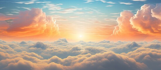 In this artwork, a vibrant sunset illuminates the sky above as clouds create a dramatic backdrop, reflecting the warm colors of dusk - obrazy, fototapety, plakaty