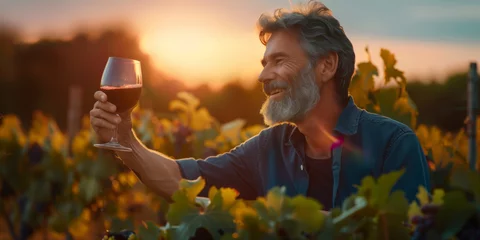  Handsome successful winemaker tasting a flavor of his wine. Sommelier checking red wine quality in vineyards at sunset. © MNStudio