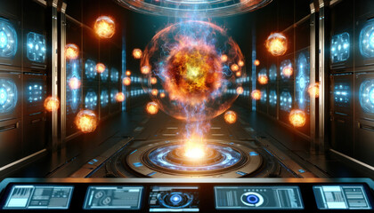 Fototapeta na wymiar dramatic science fiction scene featuring a central fiery plasma sphere surrounded by orbiting fiery orbs within a futuristic chamber.