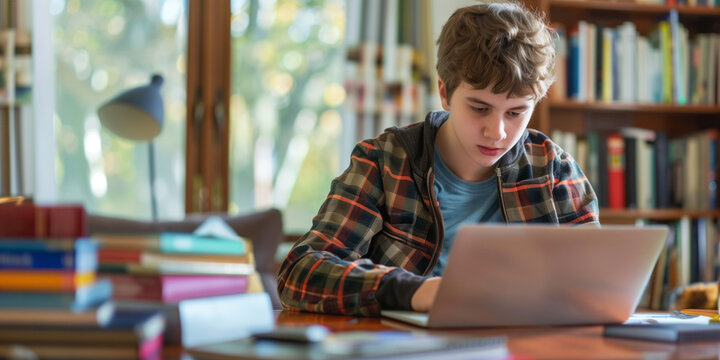 Young Ten Years Old Student Using His Laptop Computer At Home. Teenage Boy Studying At His Room. Child Doing Homework Using A Computer.