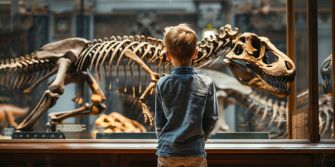 Child looking at the skeleton of an ancient dinosaur in the museum of paleontology. Little boy...