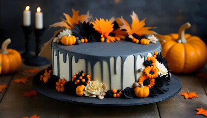 A Halloween themed cake with black frosting and pumpkin and flower decorations