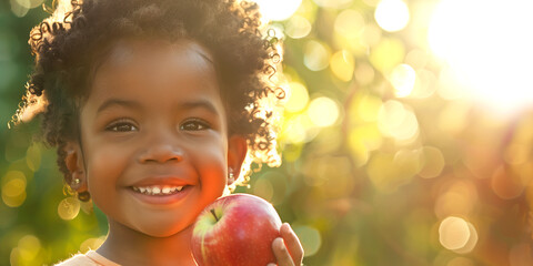 Cheerful black child holding big red apple on nature background. Fresh healthy food for kids.