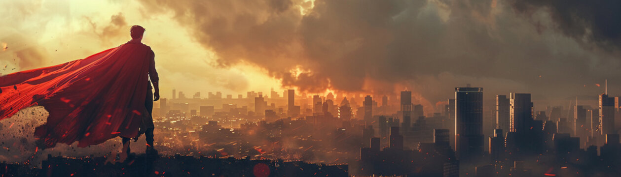 Superhero, cape billowing in the wind, overlooking a city engulfed in chaos, stormy weather, photography, backlights, HDR