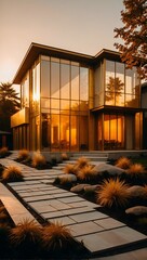 Sunset Silhouette: Modern Glass House Amidst Nature