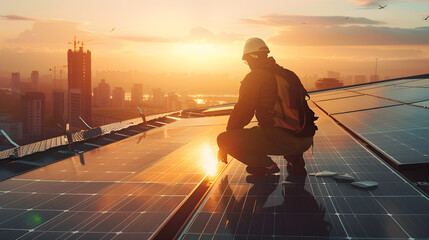 A handyman preparing to maintain solar panels on the rooftop. bridght, High Detail 