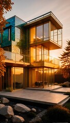 Sunset Silhouette: Modern Glass House Amidst Nature