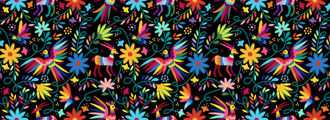 Ornate ethnic Mexican embroidery Otomi. Seamless Pattern with birds, animals and flowers on black background