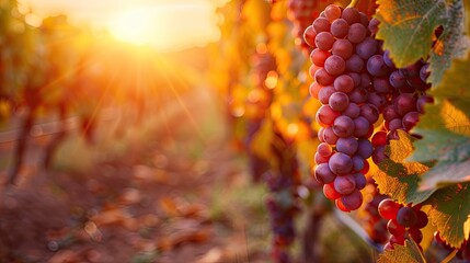 Autumnal Grape Harvest in Vineyard at Sunset