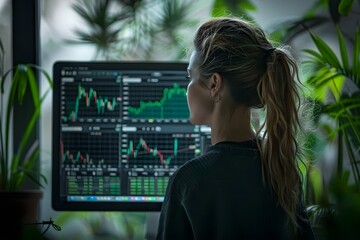 Woman looking concerned at financial statements on computer screen, indicating worry about market growth for business investment. Concept Financial Analysis, Business Investment, Market Growth - obrazy, fototapety, plakaty